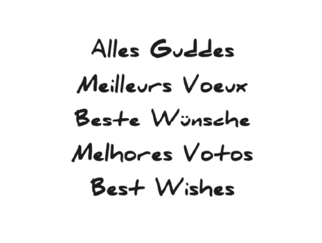 Texte de la carte de voeux : alles guddes, meilleurs voeux, beste wünshe , Melhores Votos, Best Wishes